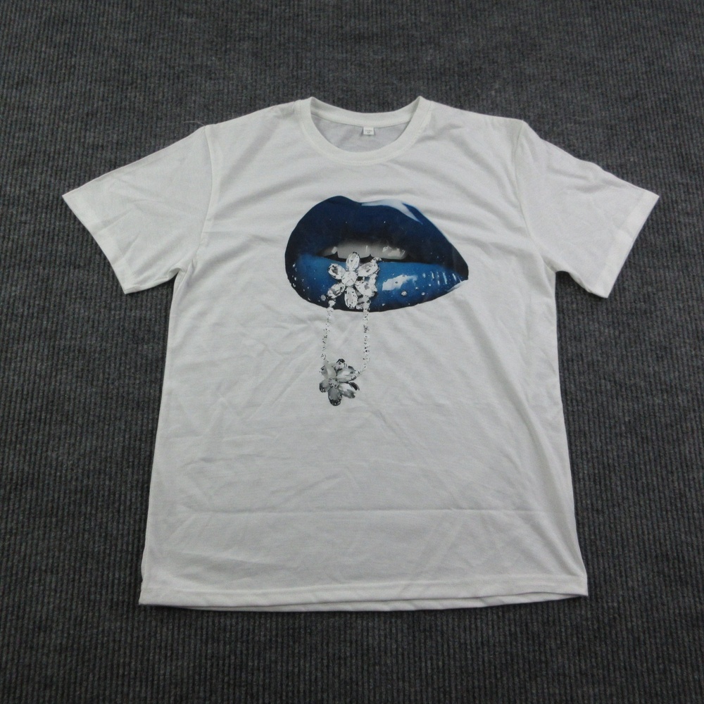 Blue Lips Shirt Mens M White Short Sleeve Cotton Crew Neck Graphic Tee